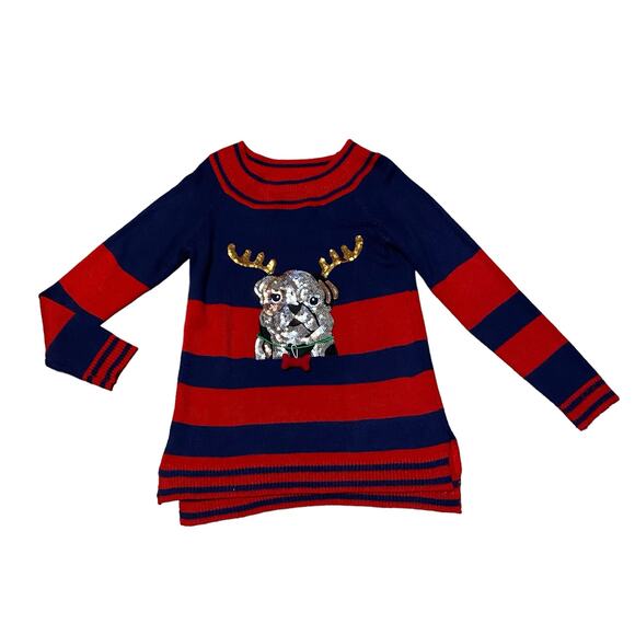 Holiday Time Sweaters - Holiday Time Bulldog Pug Sequin Embellished Dog Striped Ugly Christmas Sweater S